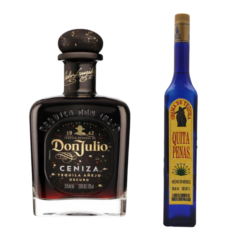 "Luxury tequila duo Don Julio Ceniza and Quita Penas displayed together on wooden bar"