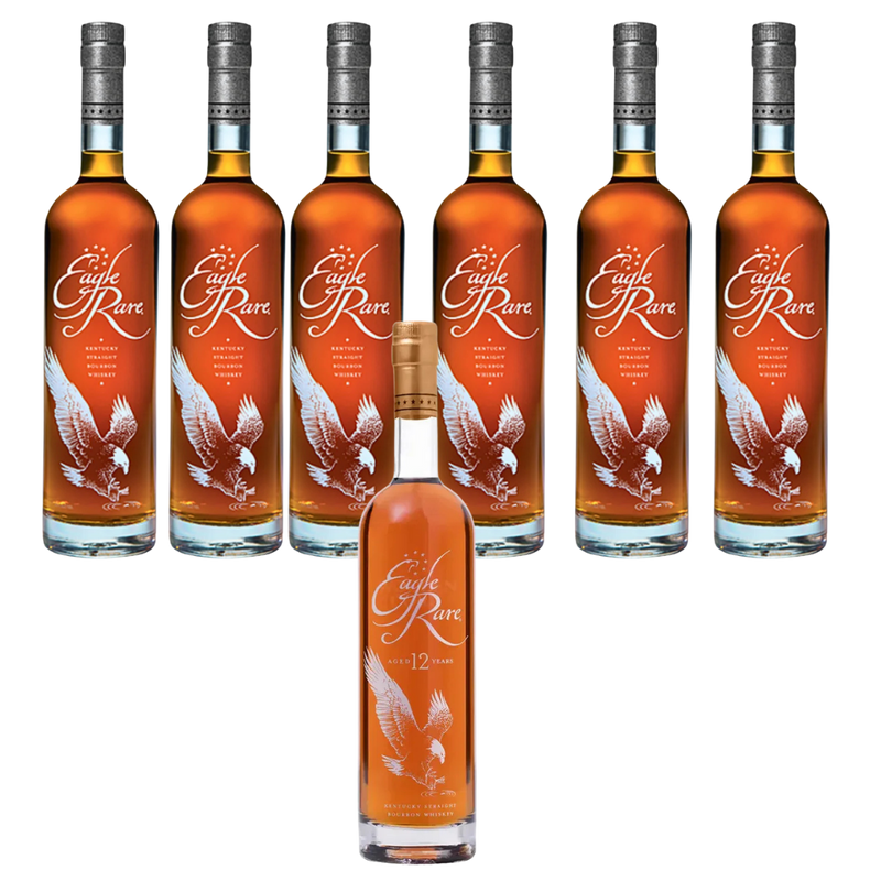 “Eagle Rare 12 Year Bourbon Whiskey bottle with six Eagle Rare Kentucky Straight Bourbon bottles – premium bourbon bundle.”