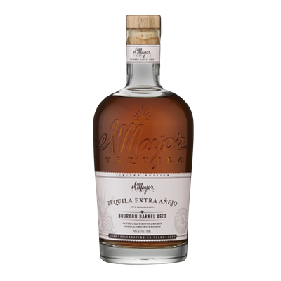 “El Mayor Extra Añejo Bourbon Barrel Aged Tequila bottle with amber color and premium packaging”