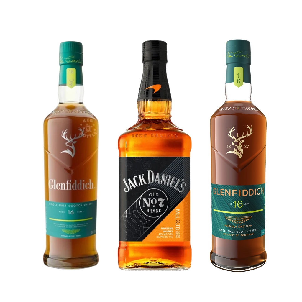 Buy Glenfiddich x Aston Martin F1 16 & Jack Daniel's McLaren F1 Bundle | Sunset Liquor 