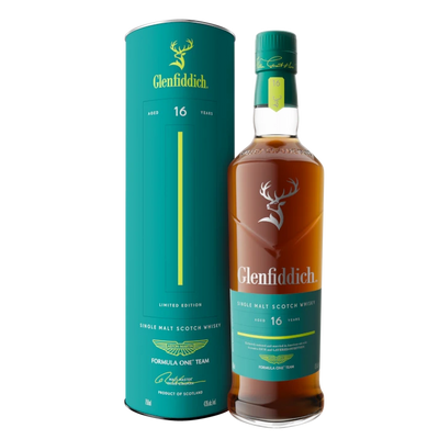 Glenfiddich 16-year-old whisky bottle and packaging on a white background