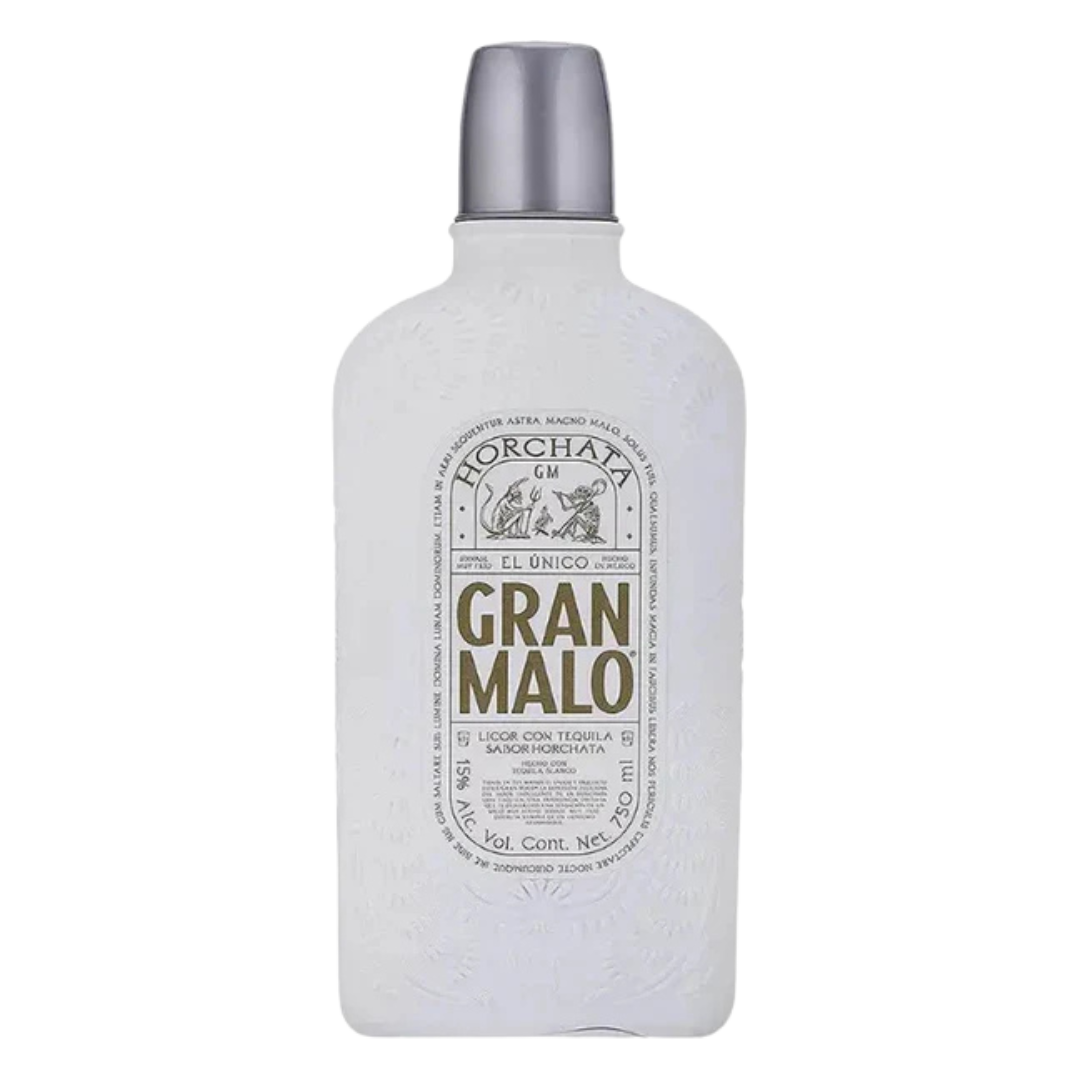 “Gran Malo Horchata Tequila bottle with creamy horchata tequila branding in a sleek white design.”