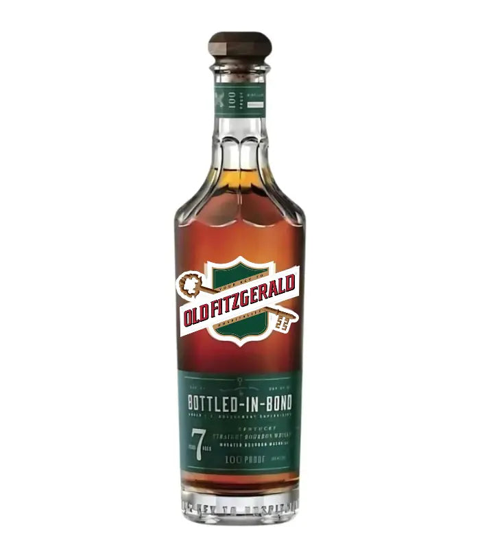 “Old Fitzgerald 7 Year Old Bottled in Bond Bourbon in decanter-style bottle with gold label and 100 proof designation.”