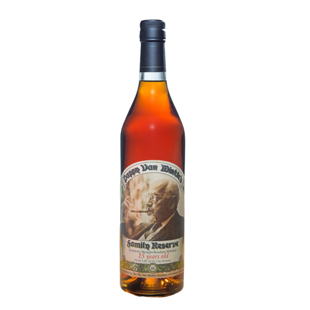 Pappy Van Winkle's Family Reserve 15 Year Bourbon Bottle – premium aged Kentucky bourbon with rich caramel and oak notes.