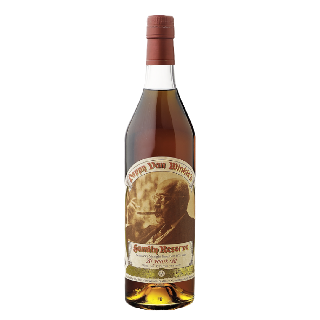 “Pappy Van Winkle’s Family Reserve 20 Year bourbon bottle with gold label and premium packaging.”