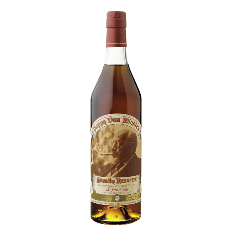 “Pappy Van Winkle’s Family Reserve 20 Year bourbon bottle with gold label and premium packaging.”