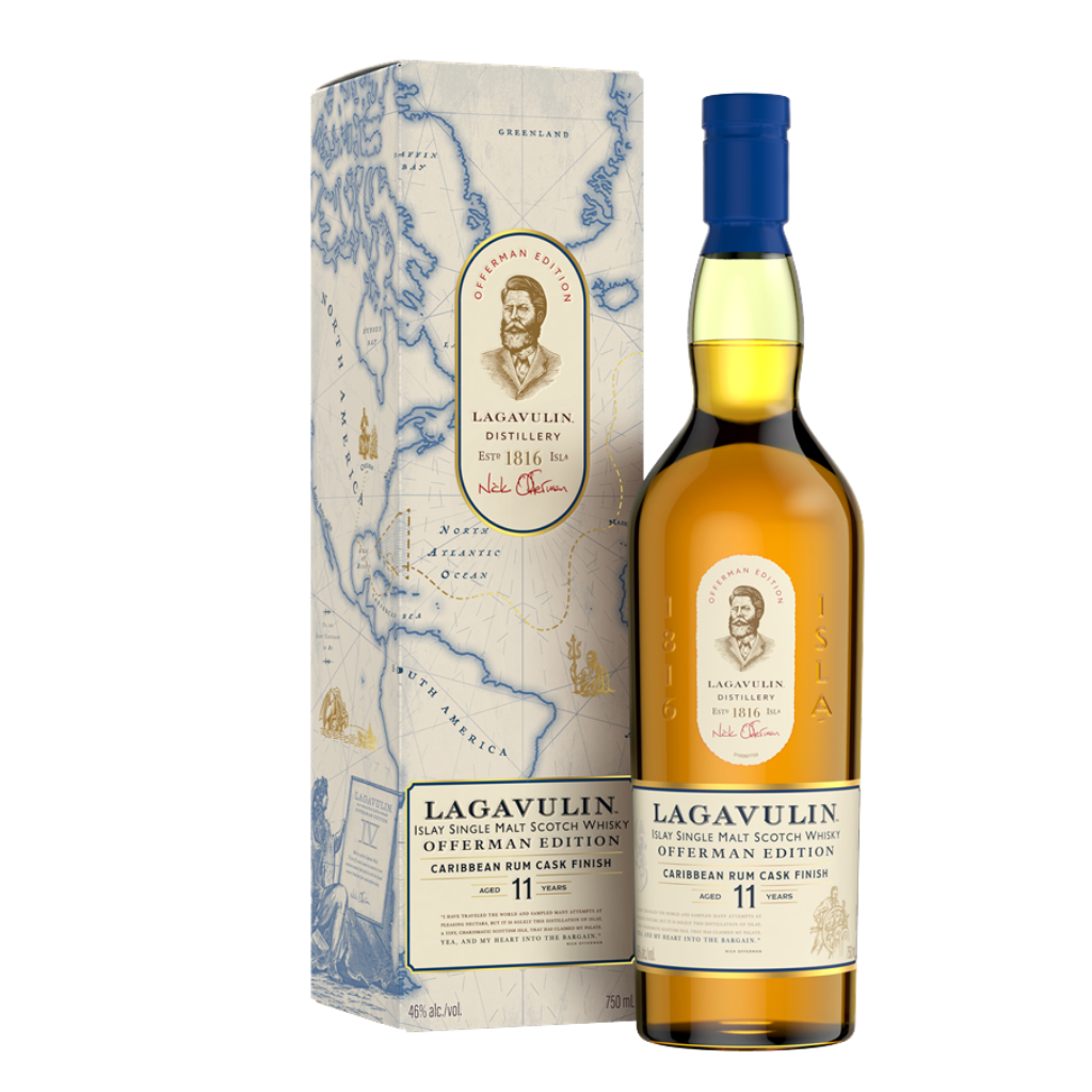 Lagavulin 11 Year Offerman Edition Caribbean Rum Cask Finish single malt Scotch whisky bottle with smoky Islay character