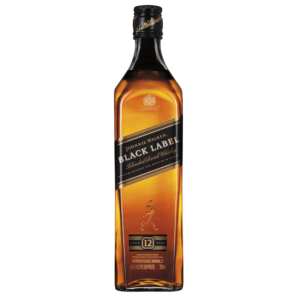 Johnnie Walker Black Label 12 Year Blended Scotch Whisky bottle with iconic black label and gold accents