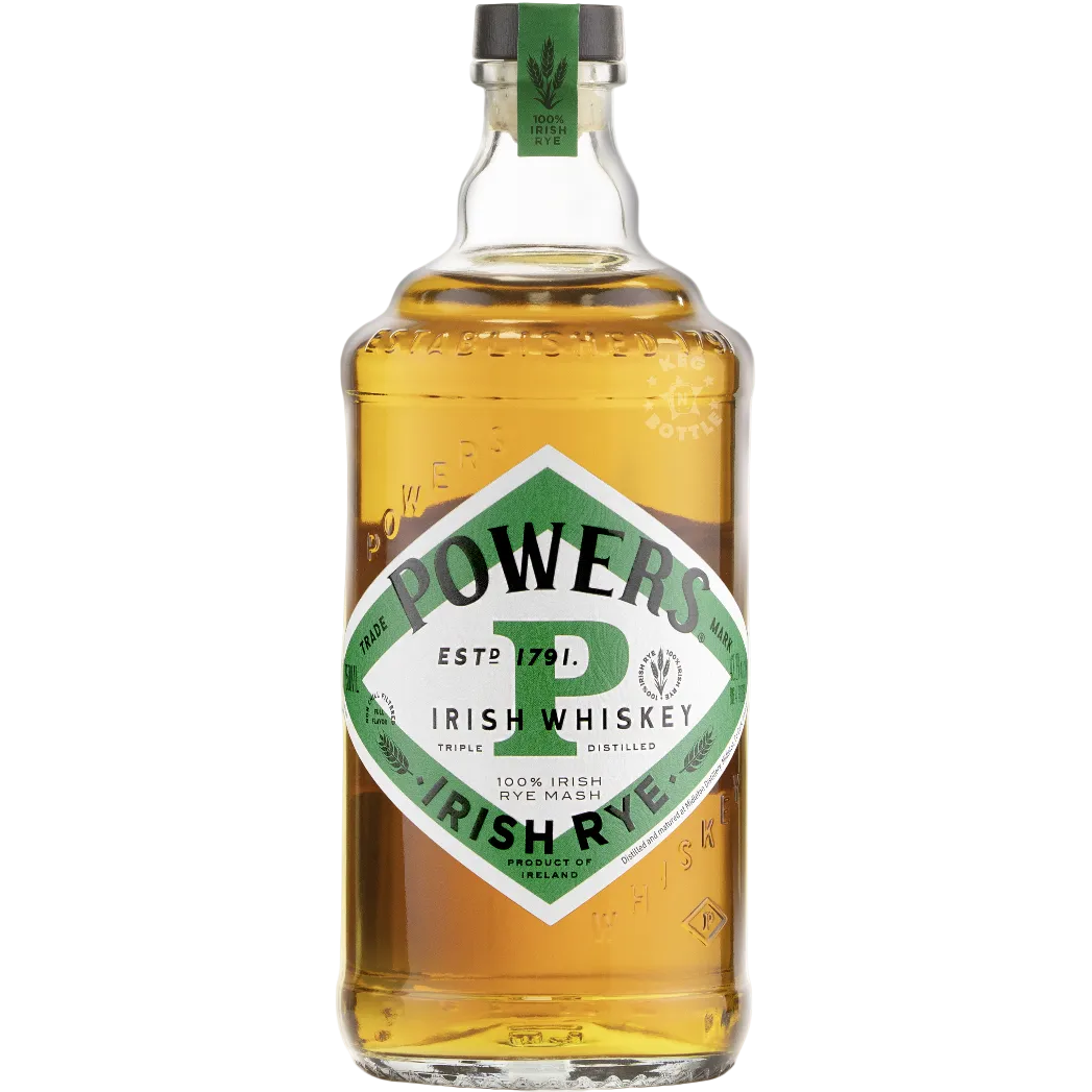 Powers Irish Whisky Irish Rye 750ml bottle with label showing Irish whiskey and rye blend